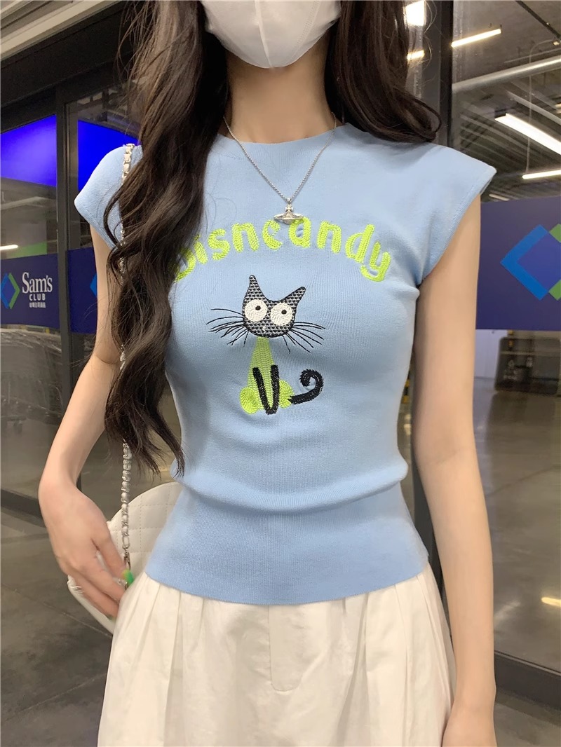 2026 레트로 연령 감소 새끼 고양이 프린트 긍정적 인 어깨 니트 풀오버 반팔