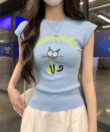 2026 레트로 연령 감소 새끼 고양이 프린트 긍정적 인 어깨 니트 풀오버 반팔