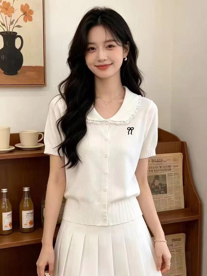 한 부서 레이스 조각 베이비 칼라 반팔 니트 스웨터 여성 봄 여름 새로운 외국 가스 연령 감소 다용도 오픈 가디건 맨위