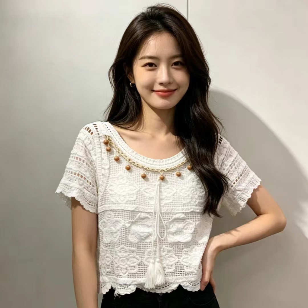 2026 여름 새로운 자수 홀로우 아웃 무거운 작업 구슬 조각 자수 레이스 베스트 다용도 반팔