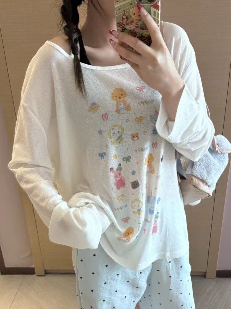 한 부서 일본식 만화 프린트 긴팔 새로운 티셔츠 여름 느긋한 자외선 차단 루즈핏 캐주얼 얇은 스타일 블라우스 맨위