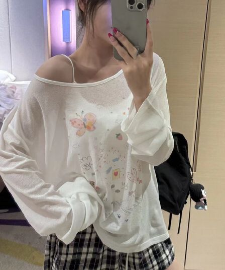 귀여운 만화 프린트 긴팔 티셔츠 여성 여름 새로운 느긋한 자외선 차단 루즈핏 캐주얼 얇은 스타일 슬립 디자인 맨위