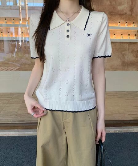 부드러운 POLO 칼라 프릴 반팔 니트 스웨터 여성 2026 여름 새로운 배색 측면 몸매 가꾸기 슬림해 보이는 맨위 트렌디