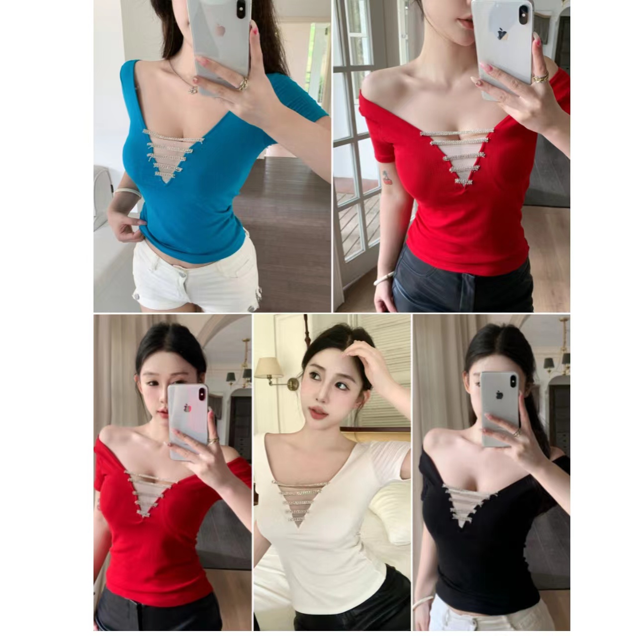고급 센스 달콤한 매운맛 반팔 티셔츠 훈련 사슬 패치워크 V넥 몸매 가꾸기 슬림해 보이는 풀오버 단색 켜기 벨트 가슴 패드