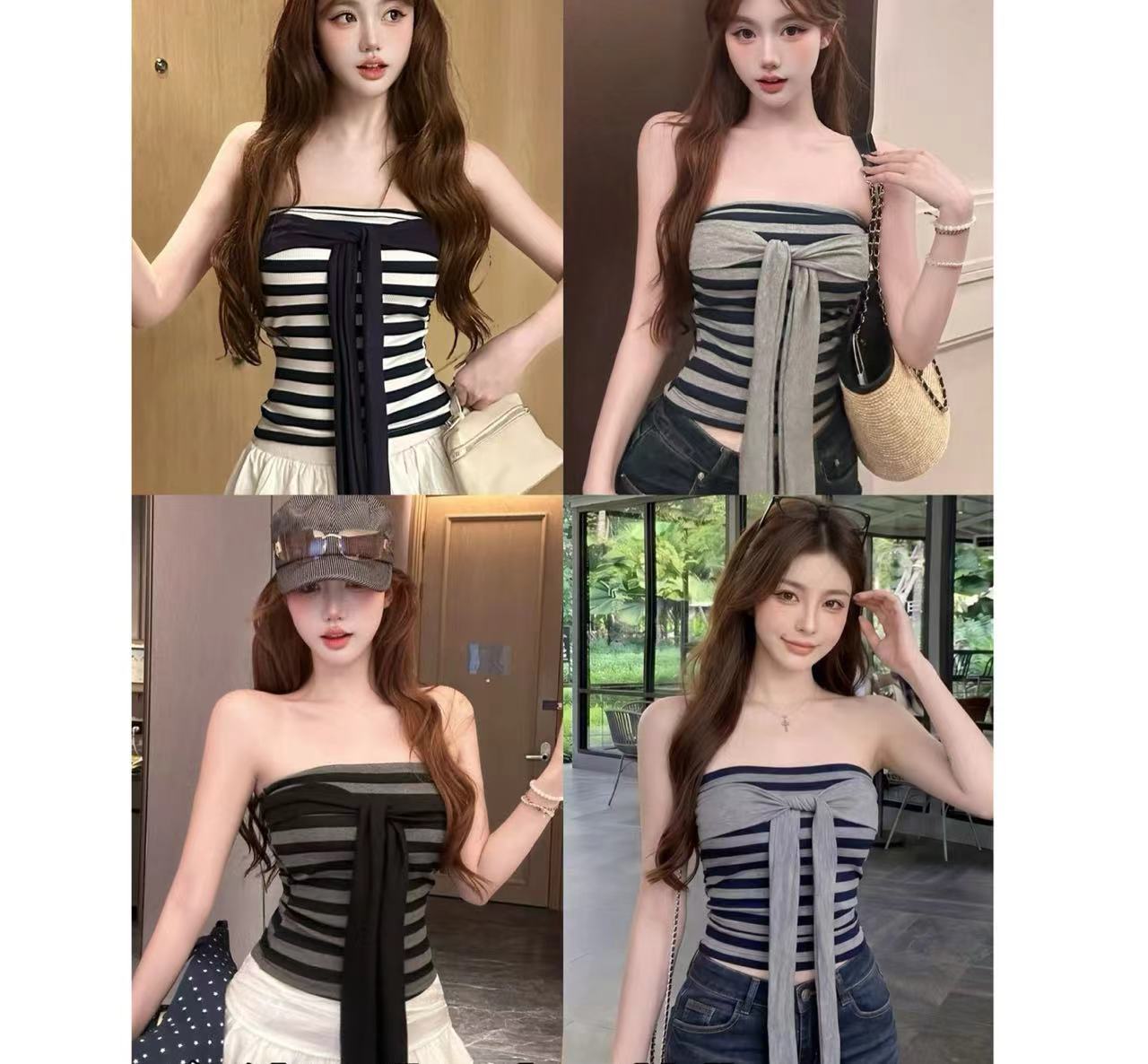 달콤한 핫걸 나비 매듭 배색 스트라이프 튜브탑 조끼 여성 짧은 디자인 센스 다용도 몸매 가꾸기 포장 가슴이 없다. 소매 맨위