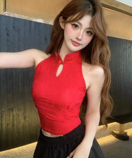 새로운 중식 레트로 순수한 욕망 바람 섹시함 민소매 미니 스커트 민소매 빨간색 조끼 여름 나만의 것을 가져와 라. 가슴 패드 다용도 맨위