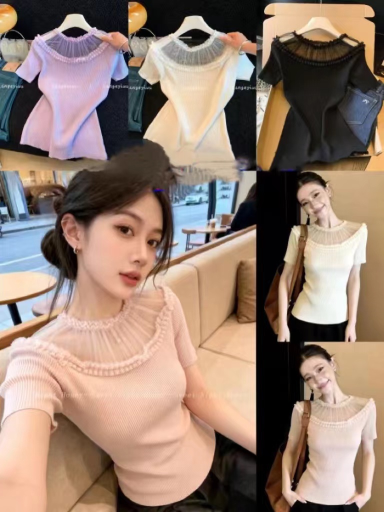여름 새로운 부드러운 바람 레이스 레이스 라운드 넥 반팔 니트 스웨터 여성 몸매 가꾸기 품격 연령 감소 티셔츠 맨위 여성