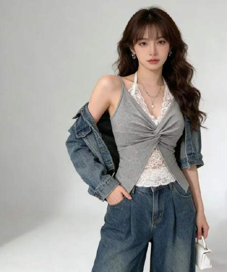부드러운 순수한 욕망 바람 레이스 조각 비틀림 캐미솔 V넥 슬림해 보이는 몸매 가꾸기 인사이드 가져 가라. 외출용 핫걸 맨위