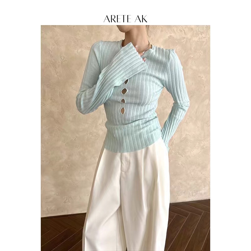 arete ak 도파민 홀로우 아웃 디자인 센스 양모 기본 셔츠 이른 가을 박하 녹색 몸매 가꾸기 니트 스웨터 여자