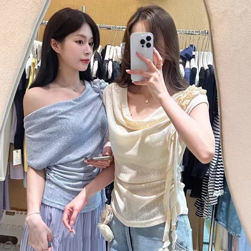 순수한 욕망 바람 3 차원 꽃 반팔 티셔츠 여성 여름 디자인 센스 흔들다 칼라 펌프 Pleat 허리 수축 맨위