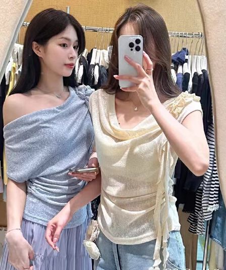 순수한 욕망 바람 3 차원 꽃 반팔 티셔츠 여성 여름 디자인 센스 흔들다 칼라 펌프 Pleat 허리 수축 맨위