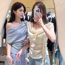 批发纯欲风立体花朵短袖T恤女夏季设计感荡领抽褶收腰上衣