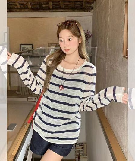 대나무 마디 마 워시 물 한 부서 달콤함 얇은 스타일 마이크로 ~을 통해 스트라이프 라운드 넥 블라우스 여성 여름 느긋한 바람 긴팔