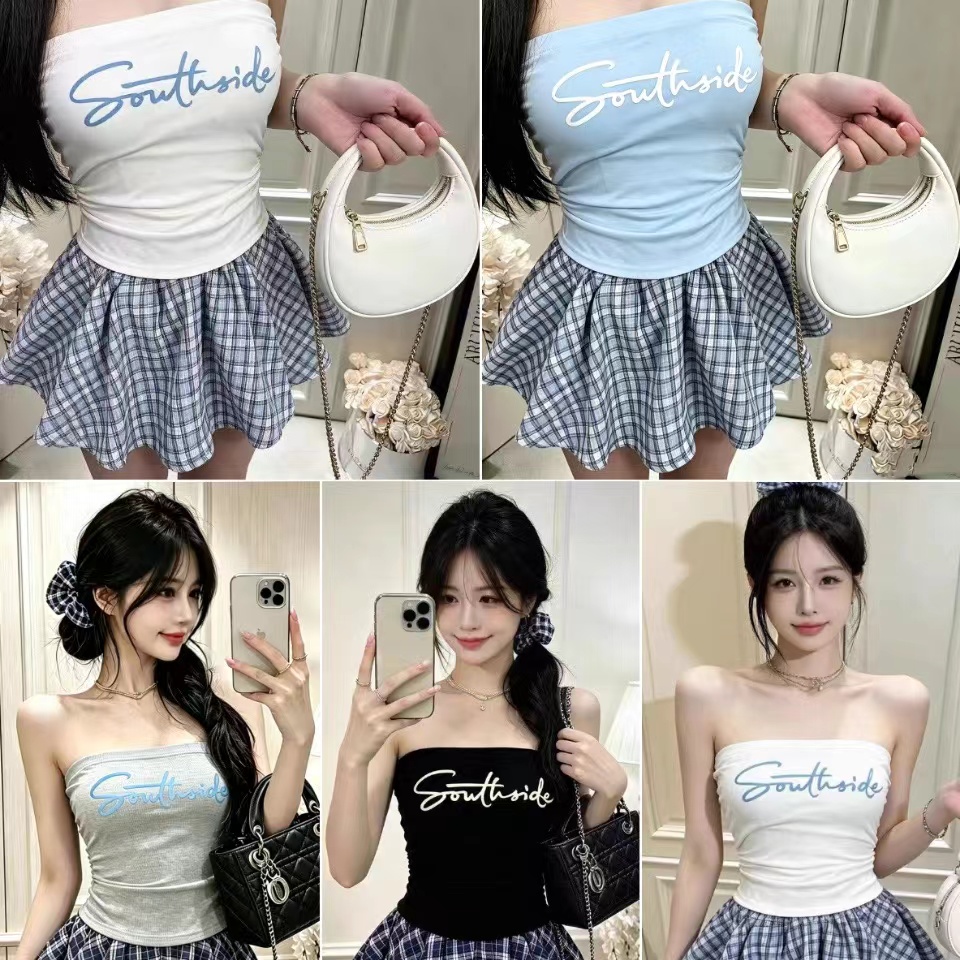 여름 새로운 핫걸 바람 알파벳 프린트 패치워크 튜브탑 조끼 몸매 가꾸기 슬림해 보이는 원피스 벨트 가슴 패드 의류 여성