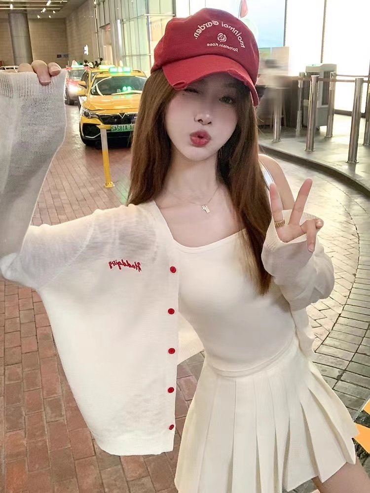 한 번 작은 짭짤한 한 부서 화이트 얇은 스타일 자외선 차단 니트 오픈 가디건 여성 여름 외부 가져 가라. 블라우스 짧은 외투 맨위