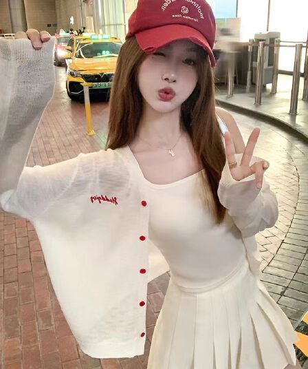 한 번 작은 짭짤한 한 부서 화이트 얇은 스타일 자외선 차단 니트 오픈 가디건 여성 여름 외부 가져 가라. 블라우스 짧은 외투 맨위