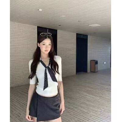 한 부서 학원 스타일 넥타이 폴로 칼라 반팔 니트 스웨터 여성 여름 2026 새로운 페이크 레이어드 몸매 가꾸기 슬림해 보이는 맨위