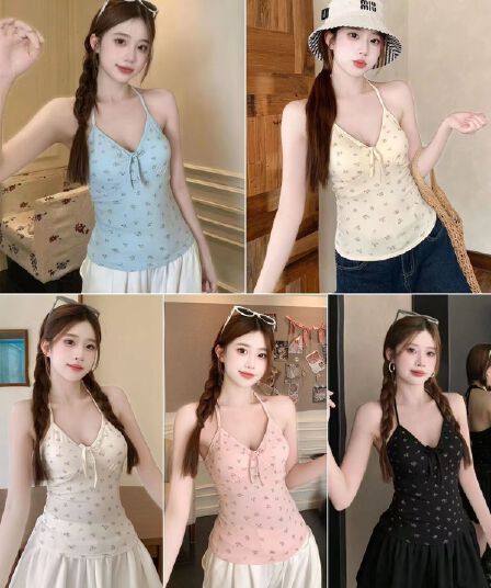 벨트 가슴 패드 miu 부서 작은 꽃무늬 행침 목 V넥 캐미솔 여름 아름다움 뒤로 외출용 인사이드 잡아라. 의류