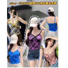 批发甜美性感撞色花边复古格纹<b class='q'>吊带</b><b class='q'>背心</b>女夏季新款透气修身辣妹短上衣
