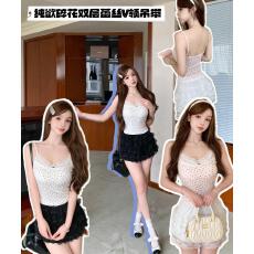 批发纯欲蕾丝拼接<b class='q'>吊带</b><b class='q'>背心</b>女夏季带胸垫玫瑰碎花辣妹风修身内搭上衣