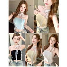 辣妹甜妹风珍珠链蕾丝拼接吊带背心女夏季一字肩收腰挂脖抹胸上衣