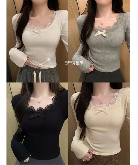 연삭 털 가을 겨울 순수한 욕망 바람 레이스 나비 매듭 인사이드 가져 가라. 몸매 가꾸기 긴팔 티셔츠 만나는 쇼트 스타일 티셔츠 맨위