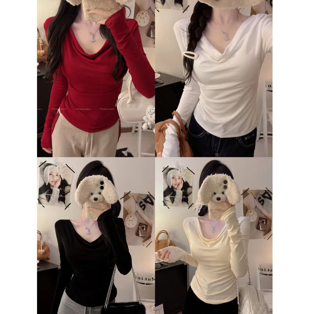 흔들다 칼라 디자인 센스 비스듬한 어깨 오프숄더 맨위 가을 새로운 주름 인사이드 가져 가라. 기본 셔츠 긴팔 티셔츠 여성
