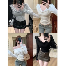 批发秋冬<b class='q'>新款</b>荡领蝴蝶结绑带长袖T恤显瘦修身女多种穿法百搭上衣
