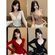 批发新款辣妹风方领露锁骨长袖T恤上衣女<b class='q'>韩版</b>性感内搭短款打底衫