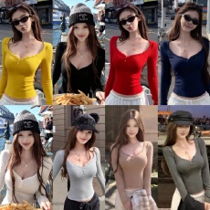 批发美式辣妹性感V领打底衫女<b class='q'>春</b>秋季排扣半开襟修身显瘦长袖T恤