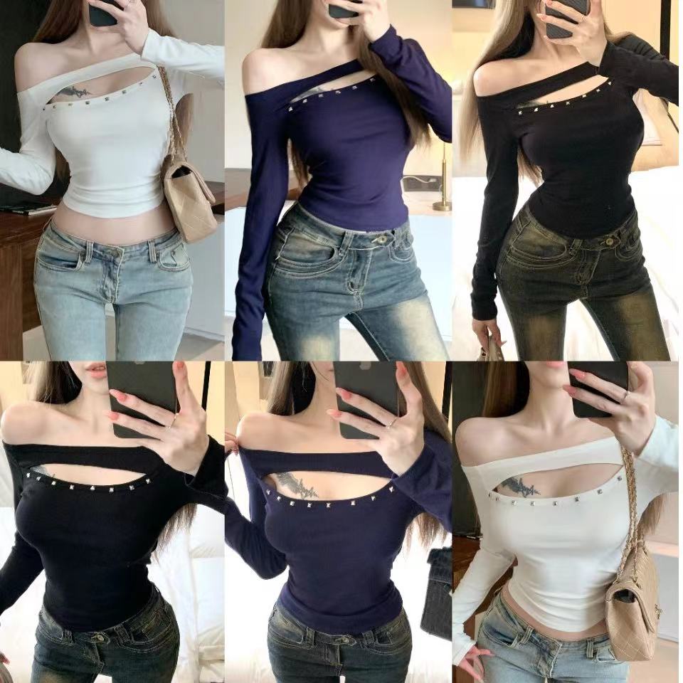 이른 가을 새로운 순수한 욕망 섹시함 오프숄더 버드 나무 못 홀로우 아웃 긴팔 티셔츠 여성 몸매 가꾸기 지불 오프숄더 맨위