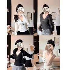 批发初秋<b class='q'>新款</b>深V领蕾丝花边蝴蝶结长袖修身女固定带胸垫百搭上衣