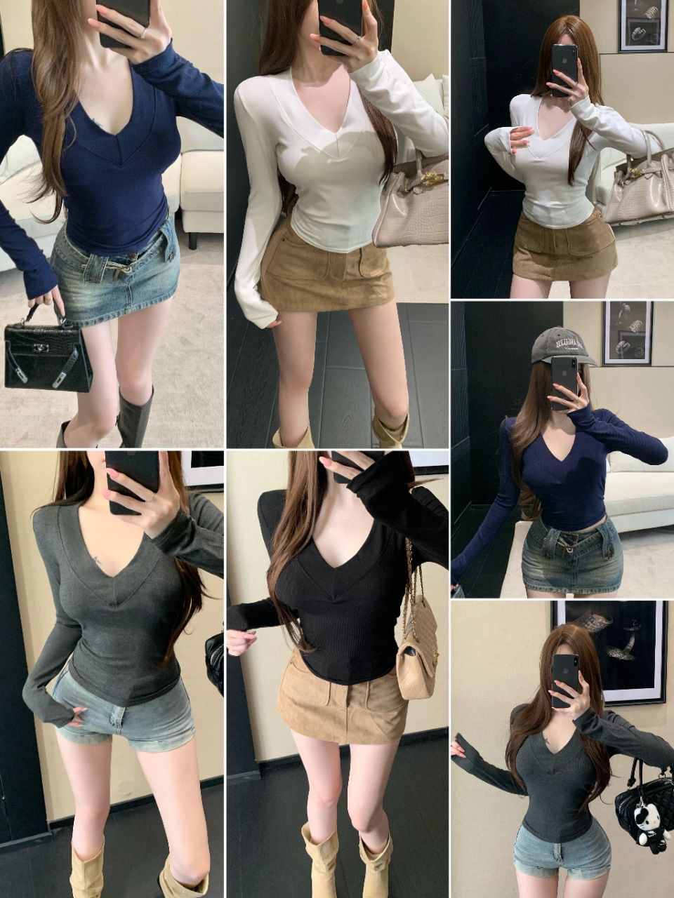 이른 가을 새로운 순수한 욕망 섹시함 깊은 V 넥 긍정적 인 어깨 긴팔 몸매 가꾸기 슬림해 보이는 다용도 작은 대중 기본 셔츠 맨위