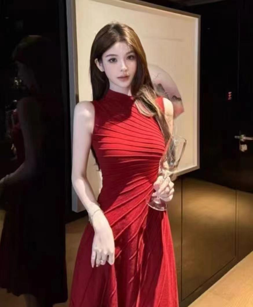 회색 불규칙 민소매 조끼 원피스 여성 의류 여름 한국 스타일 고급 센스 품격 허리 수축 몸매 가꾸기 길다 치마