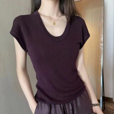 批发韩系时尚微透<b class='q'>v领</b>正肩短袖针织衫女夏季收腰显瘦气质减龄百搭上衣
