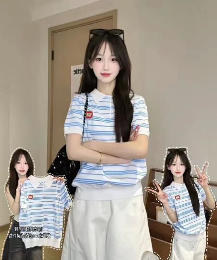 스트라이프 POLO 칼라 반팔 니트 스웨터 여성 여름 얇은 스타일 작은 대중 디자인 센스 슬림해 보이는 학원 스타일 쇼트 스타일 맨위 트렌디