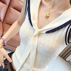 批发今年流行的爆款女装夏季2026年新款减龄复古撞色海军领无袖<b class='q'>针织衫</b>