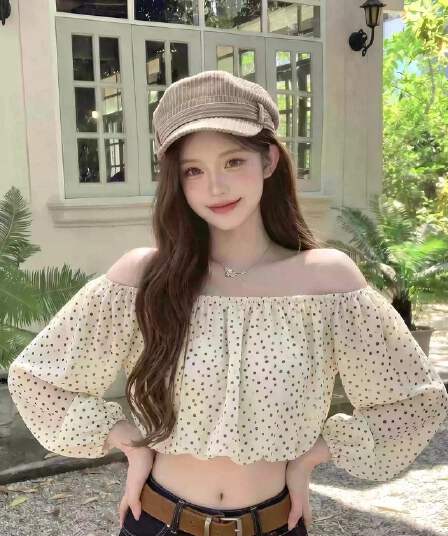 프랑스식 부드러운 바람 오프숄더 도트 무늬 쇼트 스타일 버블 긴팔 허리 수축 슬림해 보이는 작은 키 달콤한 매운맛 소녀 다용도