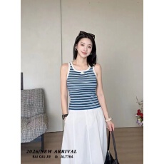 批发新款韩系条纹针织背心女无袖圆领<b class='q'>修身</b>百搭外穿内搭打底上衣