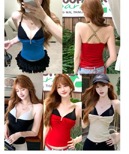 2026 여름 배색 페이크 레이어드 디자인 센스 행침 목 캐미솔 몸매 가꾸기 슬림해 보이는 슈퍼 잘 생긴 맨위 여성