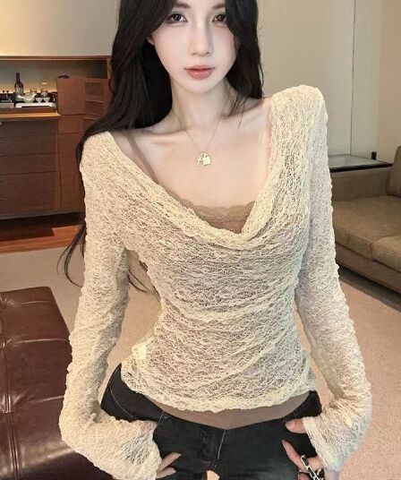 섹시함 달콤한 핫걸 도루 접기 칼라 레이스 자외선 차단 블라우스 얇은 맨위 디자인 센스 작은 대중 몸매 가꾸기 긴팔
