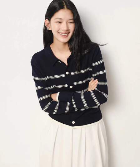 레트로 해군 폴로 칼라 스웨터 니트 오픈 가디건 여성 코트 봄 가을 스택 착용 외부 가져 가라. 배색 스트라이프 맨위 여성