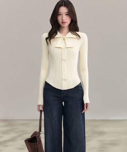 가을 겨울 나비 매듭 POLO 칼라 긴팔 맨위 전체 집합 몸매 가꾸기 여성 만나는 니트 스웨터 스웨터 인사이드 가져 가라.