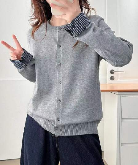가을 디자인 센스 체크무늬 소매 싸움 패션 연결 라운드 넥 긴팔 다용도 여성 셔츠 오픈 가디건 외부 가져 가라.