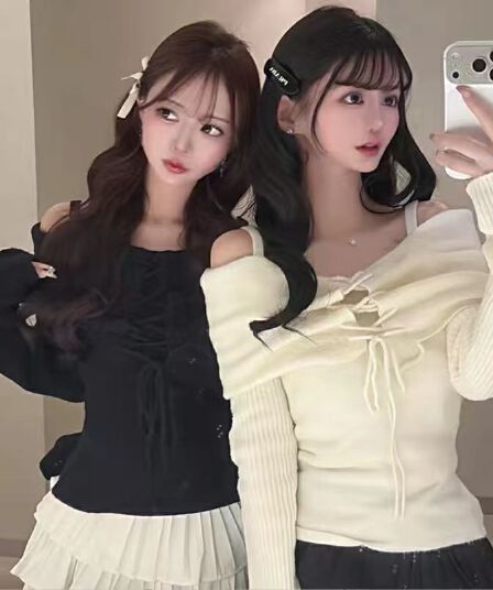 순수한 욕망 달콤한 핫걸 섹시함 오프숄더 꽃 펌프 로프 레이스업 디자인 센스 나팔 소매 Chic 맨위