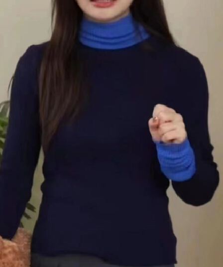 가을 겨울 새로운 한국 스타일 패션 터틀넥 배색 패치워크 페이크 레이어드 긴팔 맨위 여성