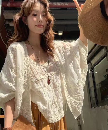 이동 있음 바람 ~ 중 지방 무거운 작업 자수 절묘한 자수 숄 민소매 레이스 조끼 세트