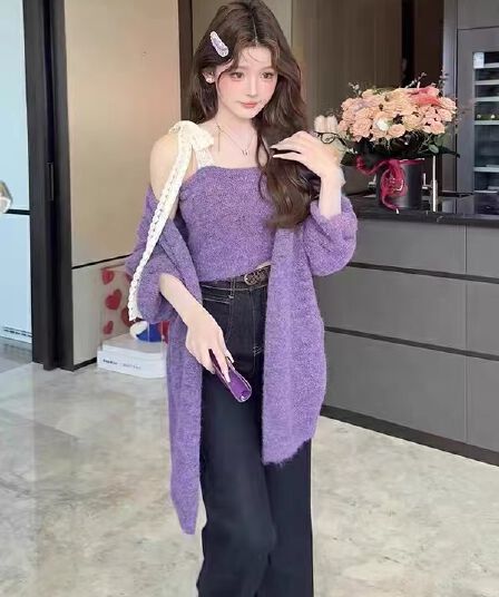 한 부서 이른 가을 ootd 품격 착용 가져 가라. 전체 집합 작은 샤넬 스타일 보라색 스웨터 오픈 가디건 슬립 맨위 투피스 슈트