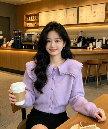 달콤한 스타일 베이비 칼라 니트 오픈 가디건 가을 새로운 부드러운 바람 연령 감소 슬림해 보이는 스웨터 코트
