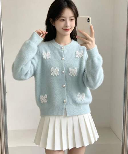 나비 매듭 수달 털 라운드 넥 긴팔 니트 오픈 가디건 가을 겨울 새로운 프랑스식 작은 대중 연령 감소 스웨터 코트